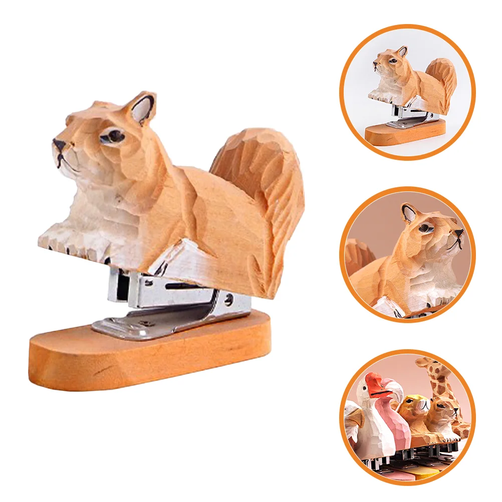 

Stapler Set Wooden Animal Squirrel Staplers Desk Squirrel Desktop Stitcher Handmade Wood Carving Statue Sculpture