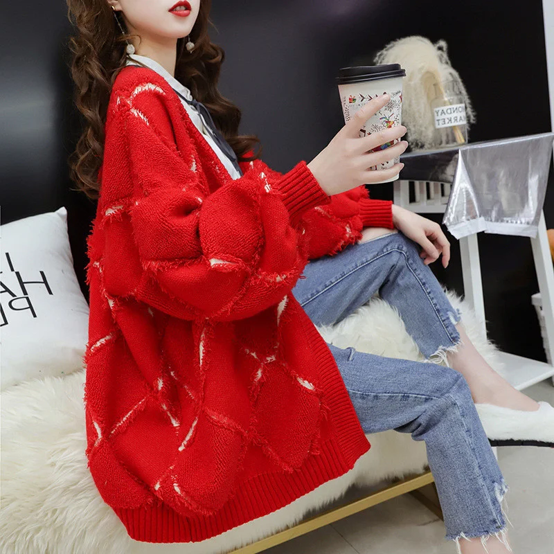

Women Korean Sweater Cardigan Spring Fashion All-match Loose Lazy Wind Lantern Sleeve Diamond Pattern Ladies Knitting Coat A115