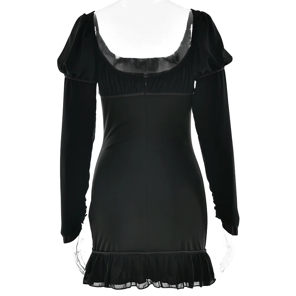 Elegant Chiffon Patchwork Zipper Slim Dress Women Autumn Winter 2025 New Pleated Square Neck Skirt Sexy Backless Vestido
