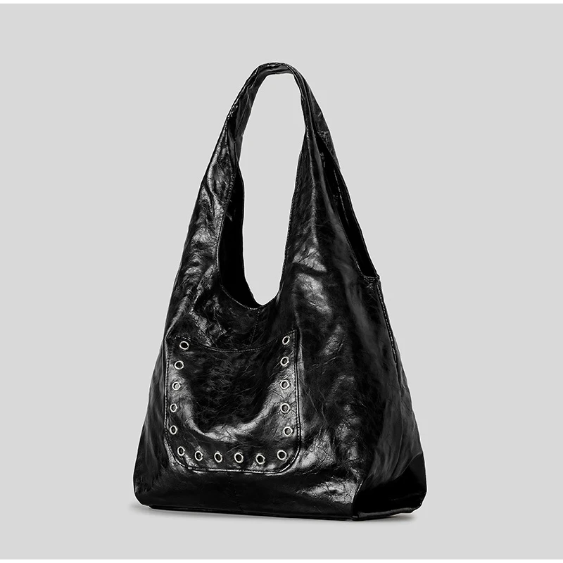 Hobo-Umhängetasche mit hohlen Nieten, Ölwachs-Retro-Metallnagel-Eimer-Handtasche, große Kapazität, Punk-Industriestil, Damen-Achsel-Einkaufstasche – Detail 26