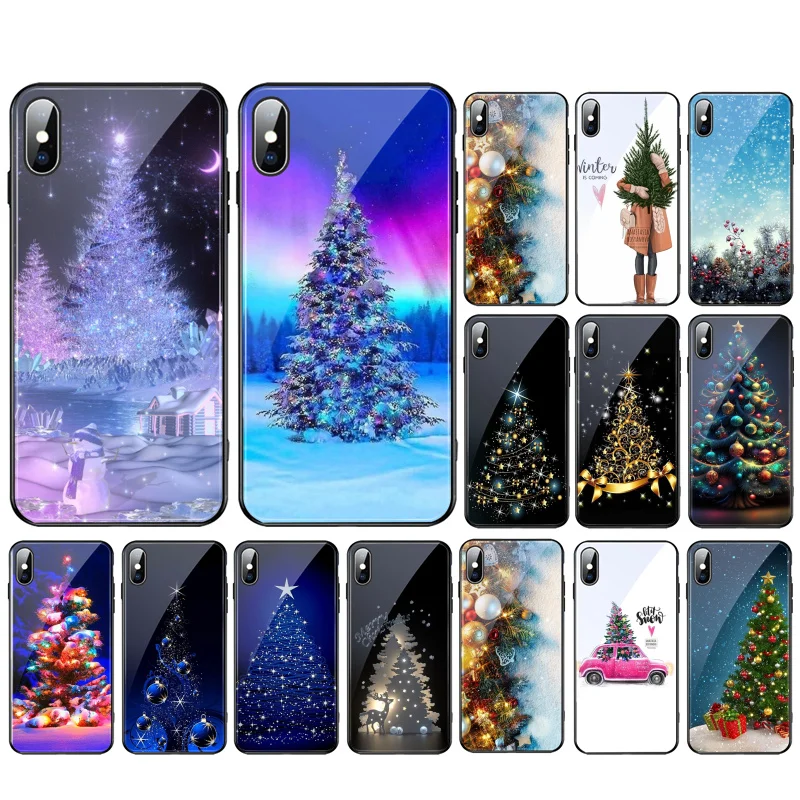 

Merry Christmas Tree Glass Phone Case For iphone 15 14 Pro Max 13 12 11 Pro Max XSMax XR 12 13 mini 14 Plus Shell