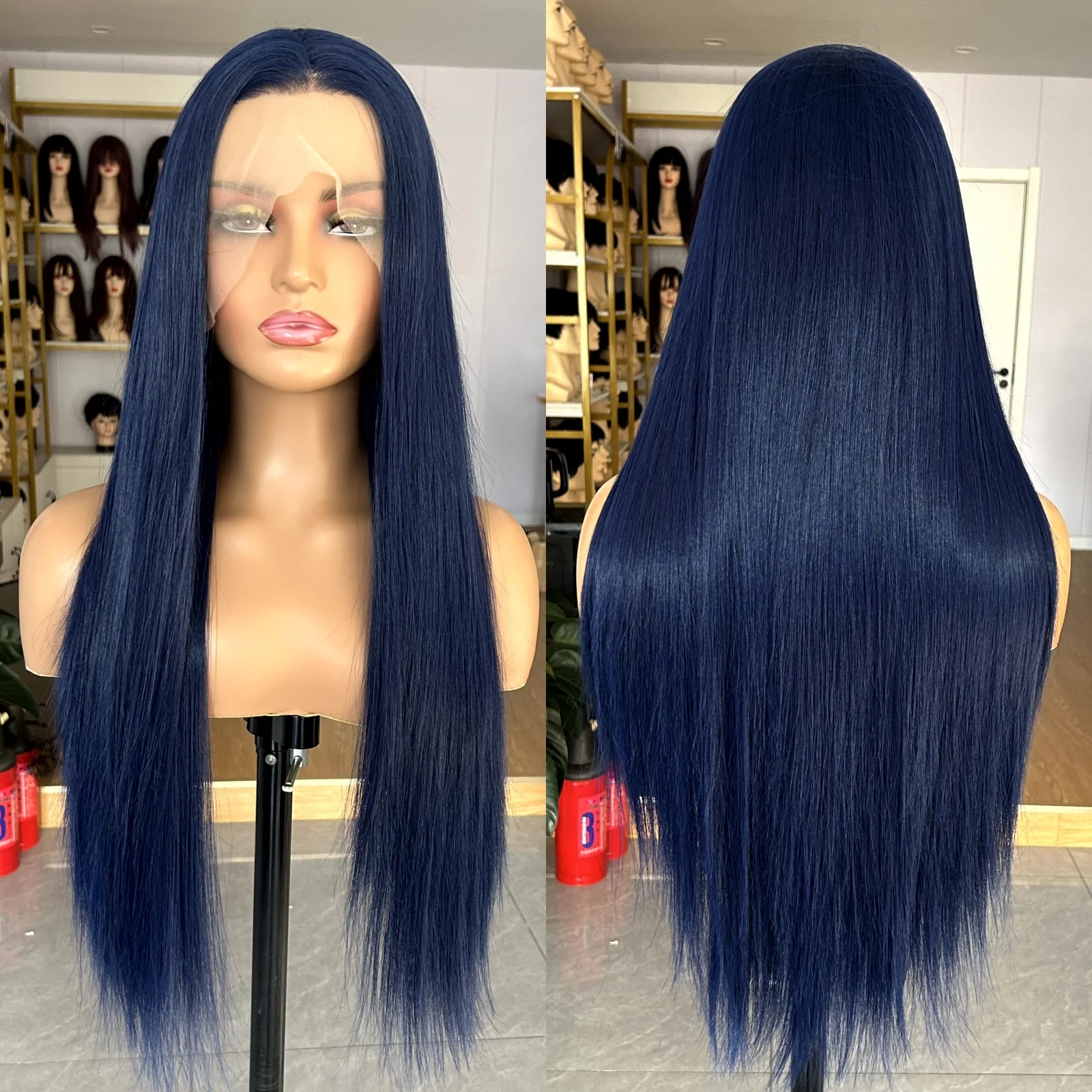 Dark Blue Long Silky Straight Synthetic Lace Front Wig Free Part Natural 13x4 Frontal Colored Wigs for Women Daily Party Cosplay synthetic wig