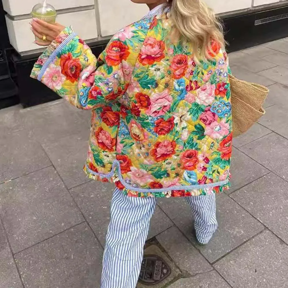 

New Floral Patchwork Cotton Jackets for Woman 2024 Spring Chic Thicken Warmth Short Coats Female Winter Round Collar Outerwear