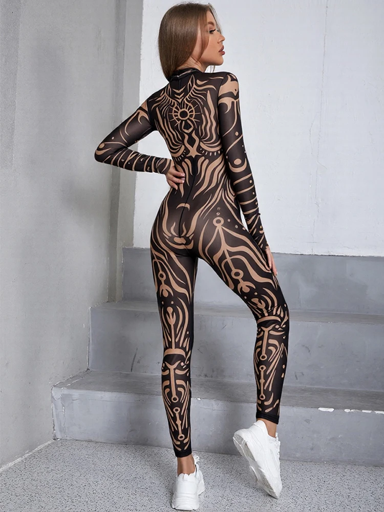 Nibber See Through Jumpsuit Women High Neck Vintage Print Long Sleeve Stretch Skinny Sexy Midnight Fashion Wild Street Outfits