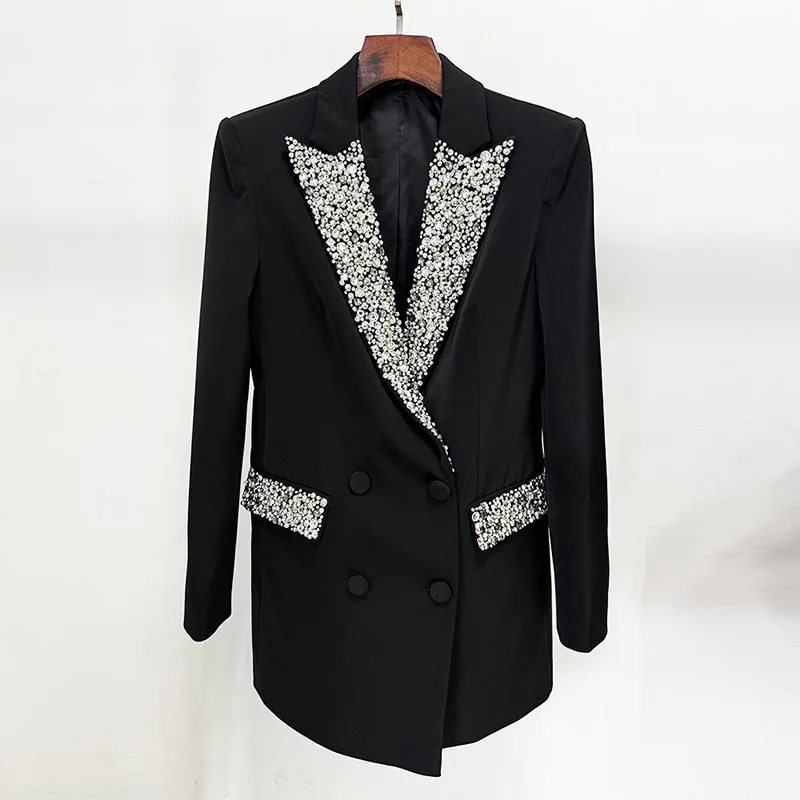 BJTZ Spring and Autumn Fashion New Handmade Gorgeous Heavy Industry Nail Bead Inlaid Diamond Slim Fit Long Suit Coat 2024 HL180