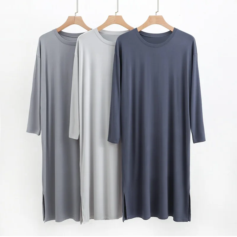 Modales Herren-Nachthemd mit langen Ärmeln, Nachthemd, dünn, locker, Übergröße, mittelgroß, Pyjama, lässig, Heimkleidung, Herren-Robe, Schlafkleid – Detail 3