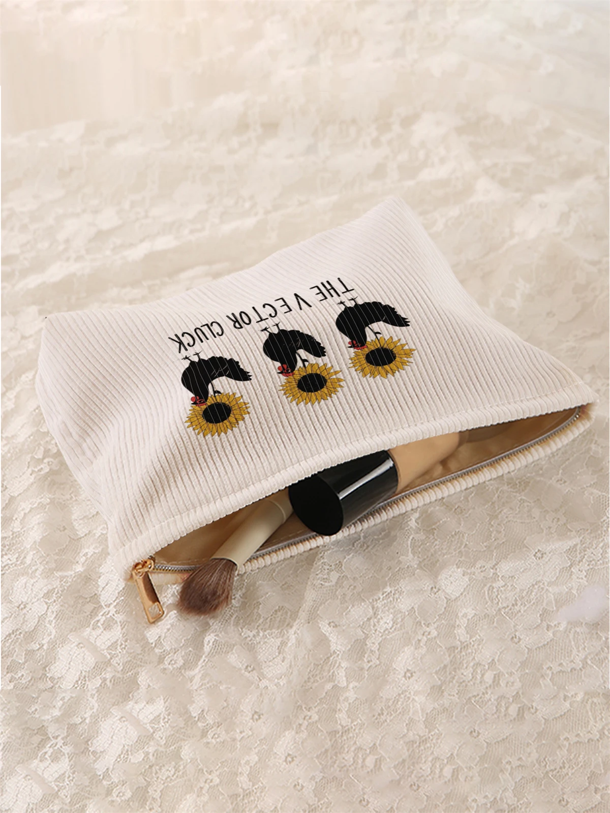 1pc hen and floral printed corduroy makeup bag, lightweight zipper makeup storage box, multifunctional bag with lining