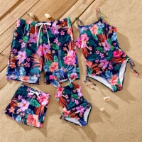 PatPat Family Matching Tropical Floral Drawstring Swim Trunks or Ruched Drawstring Side One-Piece Strap Swimsuit 1