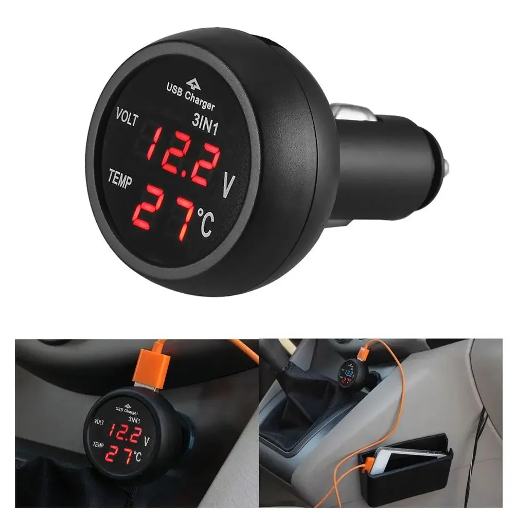Universal 3 In 1 LED Cigarette Lighter Volmeter For Car Digital Thermometer 12V 24V Truck Temperature Battery Monitor