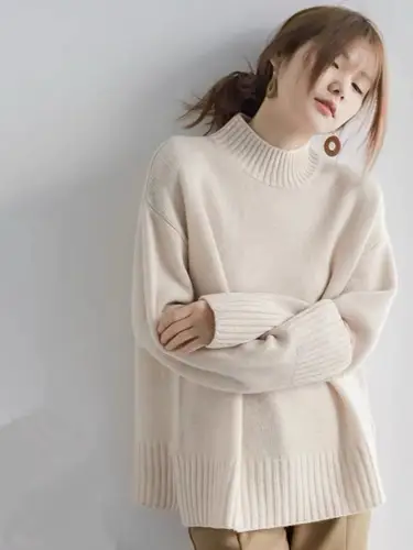 European100% pure cashmere sweater women's half turtleneck slit short sweater lazy loose knit base shirt 2023 autumn and winter - Image 2