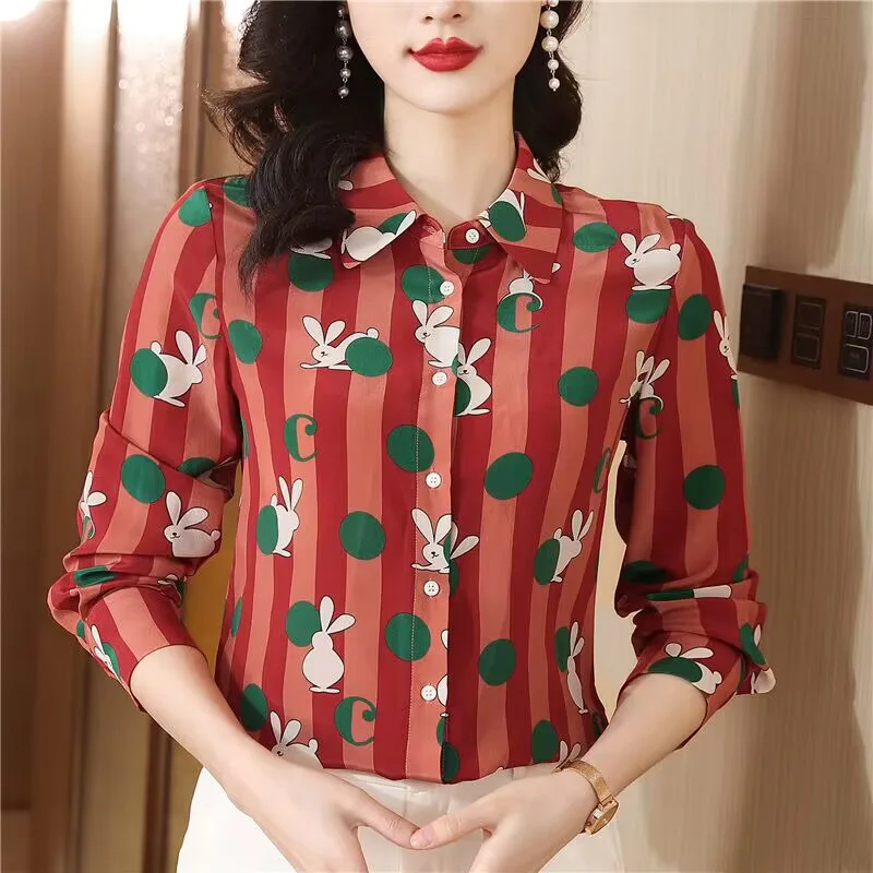 Women Chic Printed Shirts Elegant Long Sleeved Fashion Loose Blouses Office Lay Casual Bohemian Turn-down Collar Tops