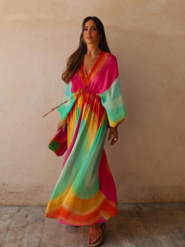 

Fashion Tie Dyeing Printing A-line Dress For Women Casual Lantern Sleeve Waisted Maxi Dresses 2023 Autumn Loose Vocation Vestido