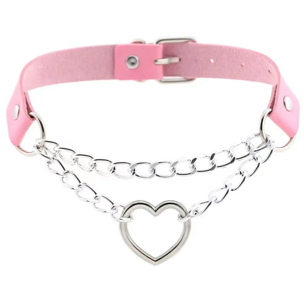 Pink strap necklace with silver chain layers and heart-shaped charm