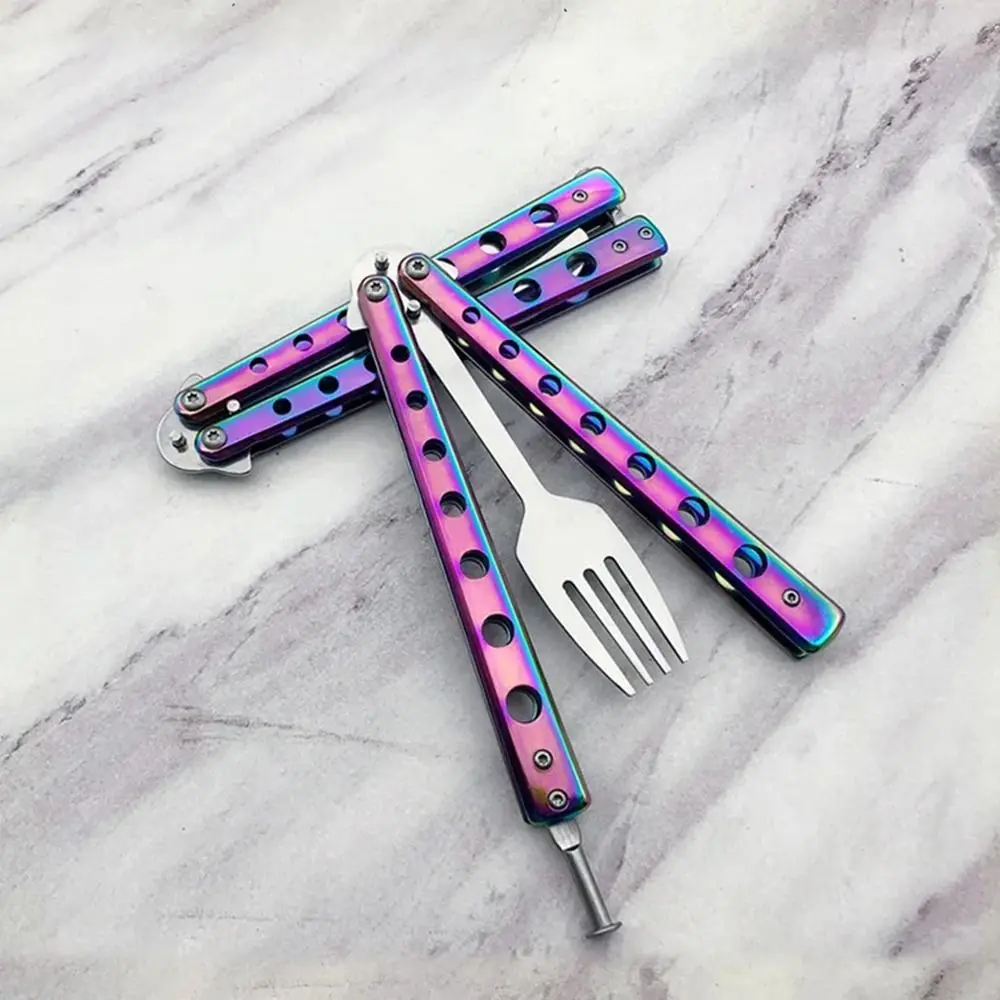 Durable Stainless Steel Butterfly Folding Spoon Fork Practice Training Outdoor Balisong Training Tool Tableware Camping