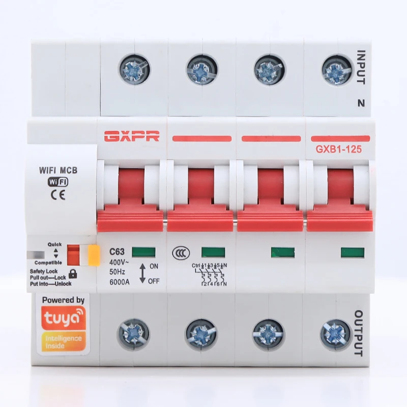 

GXPR GXB1-125 TUYA WIFI smart Switch with Alexa google home four phase 63A China industrial or household mcb circuit breakers