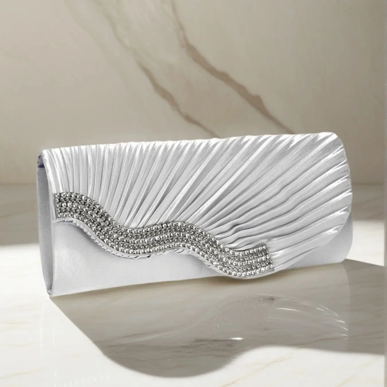 Glitter Women Evening Handbags Ruched Rhinestones Envelope Design Purse