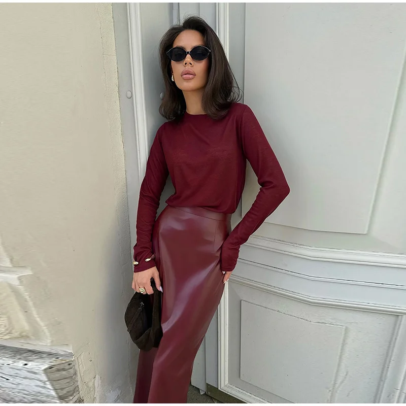 Fashion Burgundy Red Leather Skirt Slim Fit Hip Package Split Skirts Female Autumn Winter Commuting High Street Outwear