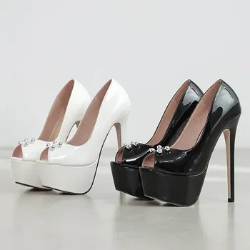 Sexy Patent Leather String Bead Design Peep Toe Women Pumps Stiletto High Heels Elegant Banquet Shoes for Women Tacones De Mujer