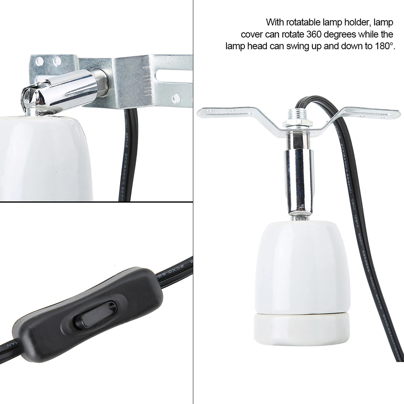 Reptile Heating Lamp Reptile Lamp Bulb Ceramic Heat Lamp Holder E27 Rotatable Reptile Pet Clip Heat Lamp Bulb Base Socket Holder 300W Socket