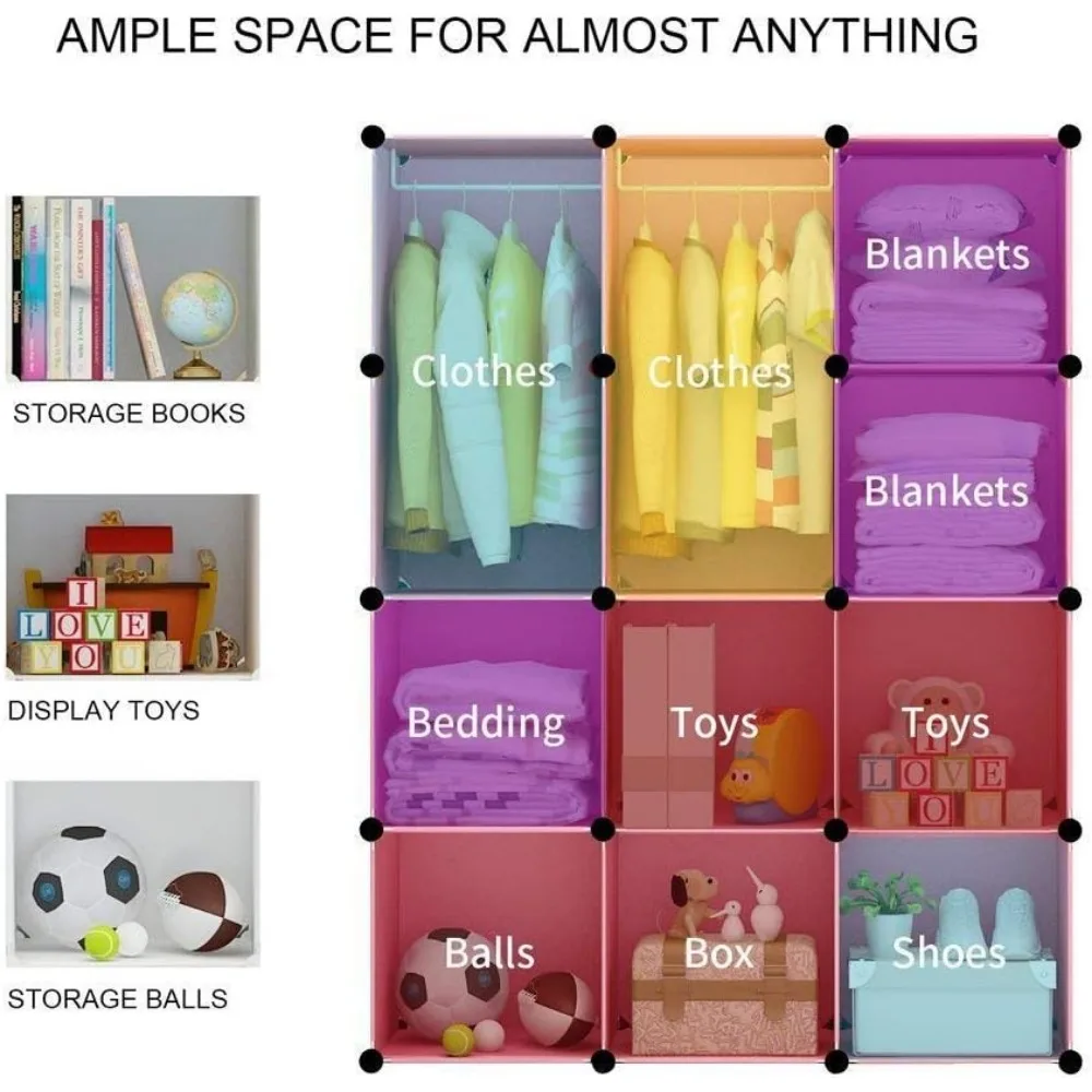 BRIAN&DANY Portable Cartoon Clothes Closet DIY Storage Organizer,Sturdy Safe Wardrobe Children Kids,8Cubes&2Hanging Sections 6