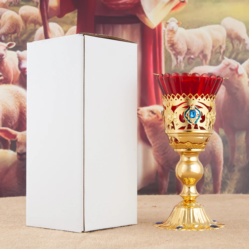 Antique Golden Metal Church Candle Holders with Red Glass Cups Christian Altar Decor Religious Ceremony Gift for Home Holidays