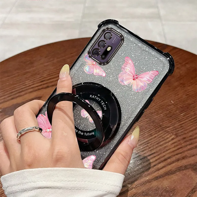 Glitter Pink Butterfly Phone Holder Case with Diamonds Strap Lanyard