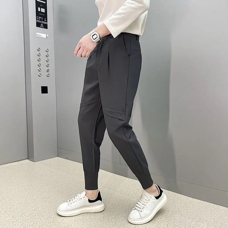 

Men Causal Suit Pants Summer Thin Soft Ankle Length Solid Color Korea Small Feet Slim Daily Streetwaer Trousers Male A56