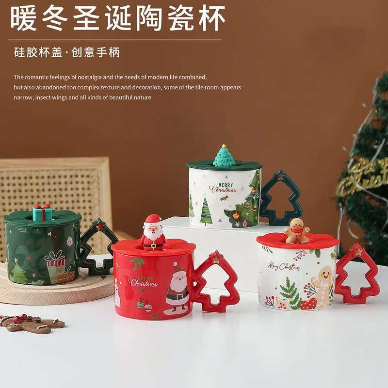 

Christmas Ceramic Mug Creative Christmas Tree Handle Cute Coffee Cup with Lid Home Drinkware Breakfast Milk Cup Drinking Cup