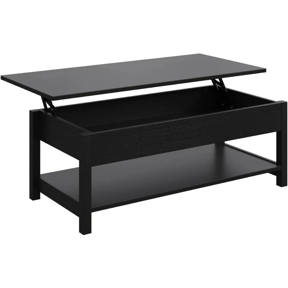 Lift top coffee table with hidden compartment and open shelf, pop-up tabletop for living room 4