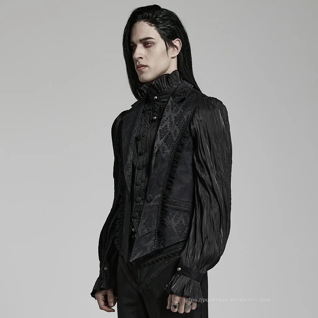 Description Picture 4 of itemPUNK RAVE Men's Gothic Gorgeous Lace Decoration Asymmetric Lapel Waistcoat Unique Pointed Outline Elements Party Long Sleeve Top