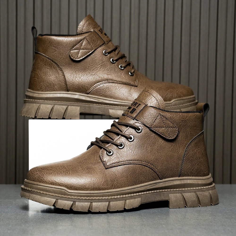 Men Motorcycle Boots Vintage Solid Outdoor Comfortable Walking Boots Casual Versatile Lace Up Shoes Ankle Flat Male 39-44