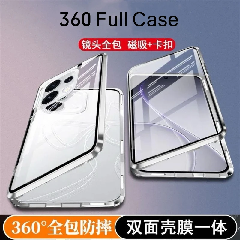 360-Degree Double-Sided Magnetic Protective Case with Tempered Glass and Metal Frame