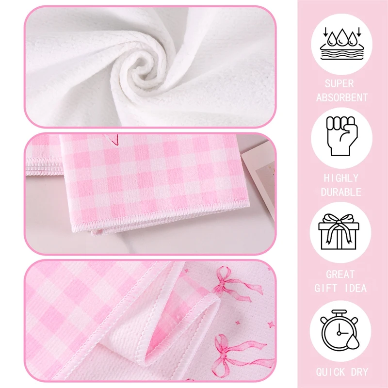 Set of 2 Pink Bow Microfiber Kitchen Towels - Absorbent and Reusable Dish Cloths for Stylish Kitchen Decor