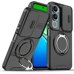 Armor Slide Lens Protect Case with Magnetic Holder Stand and Coque Cover for Vivo Y31 5G (LK - Black)