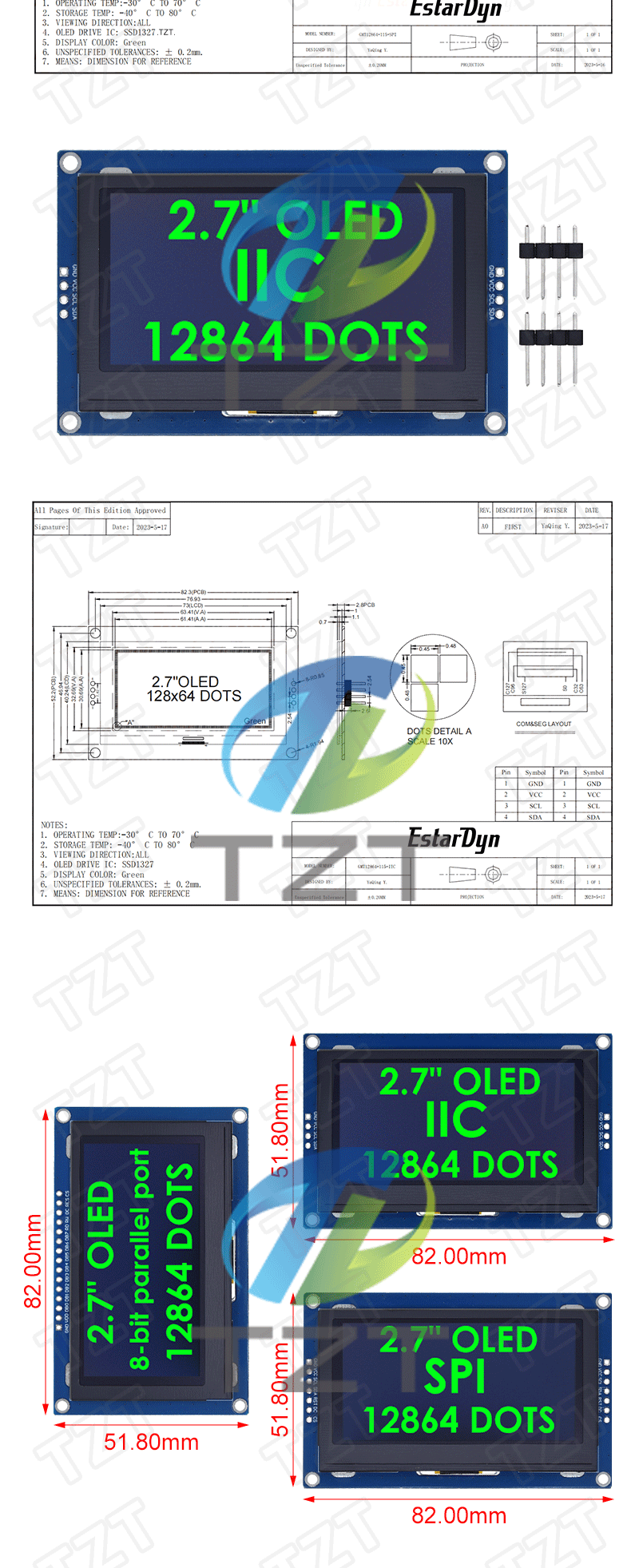 Grüne Farbe 2,7 Zoll OLED LCD Display 128x64 Pixel SSD1327 IIC / SPI / 8-Bit Parallel Port kompatibel mit Arduino – Detail 2