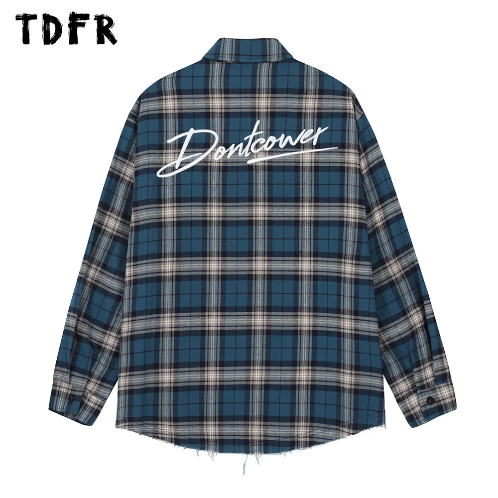 

Letter Embroidery Plaid Shirts with Rivets Mens Spring Autumn Casual Loose Lapel Long Sleeve Single Breasted Raw Hem Shirts Men