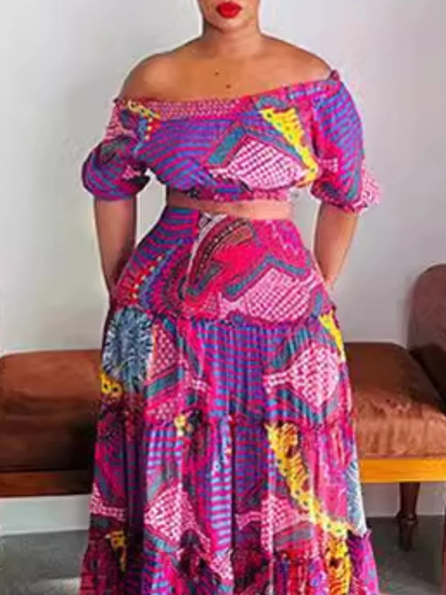 LW Off The Shoulder Mixed Print Ruffle Design Skirt Set Women Skirtsuits Short Sleeve Bateau Neck Cable Full Print Outfits