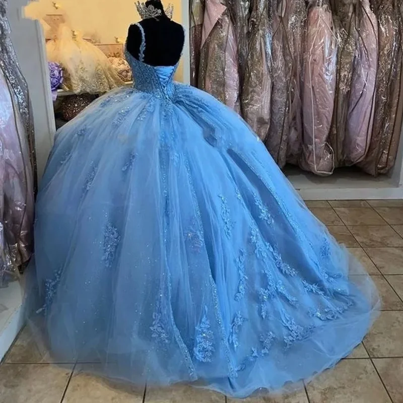Sweetheart Tulle Quinceanera Dresses Ball Gown Spaghetti Strap Lace Applique Tiered Sweet 16 Dresses for Teens Customized 2