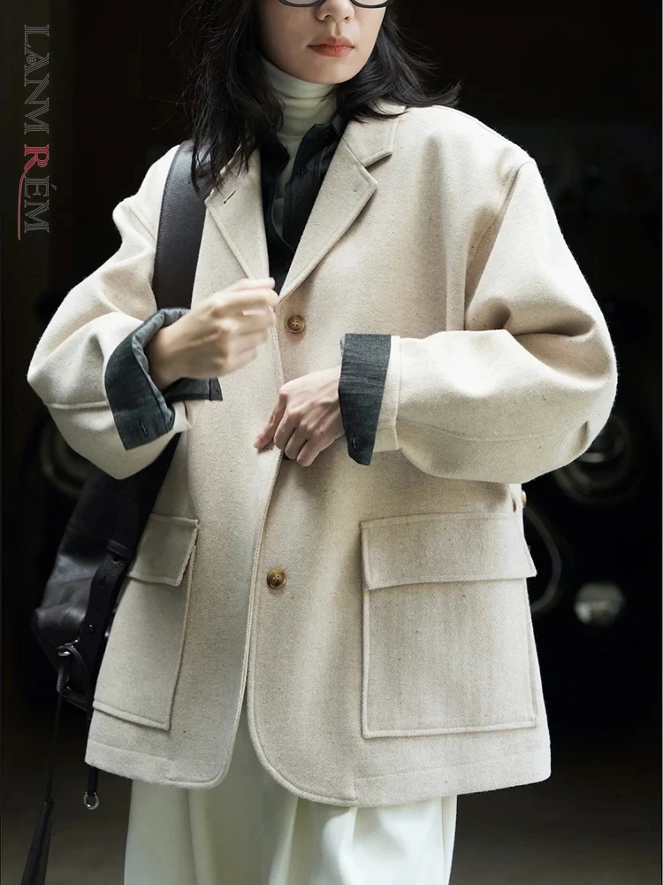 

[LANMREM] 100% Woolen Loose Blazer For Women Solid Single Breasted Long Sleeve Office Lady Jackets 2023 Autumn New Tops 26D4557
