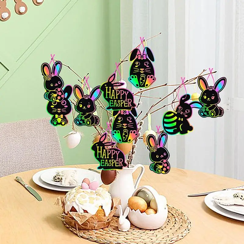 Easter Scratch Paper 24X Scratch off Cards Art Crafts Ornaments Cute Bunny Scratch Egg Basket Stuffers with Stick and Ribbon