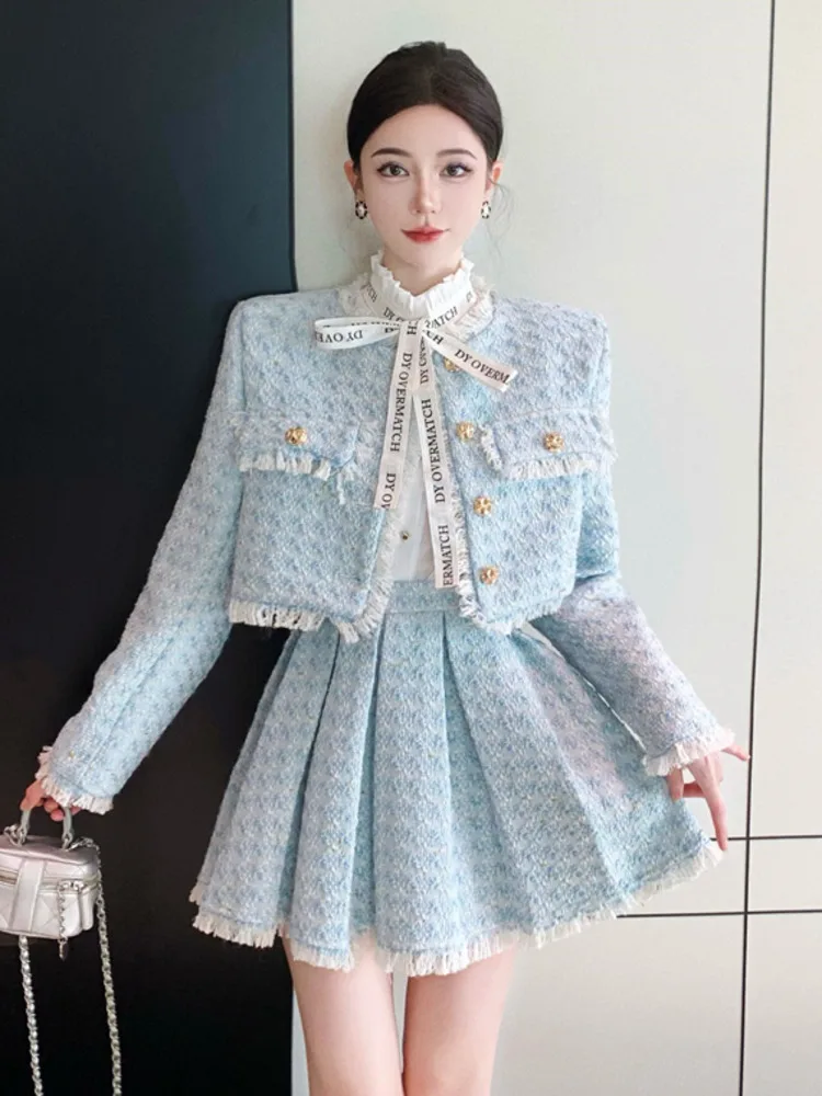 

2023 autumn winer Two Piece Sets womens outifits jacket coat pleated Skirt Suits conjuntos elegante ensemble femme 2 pieces