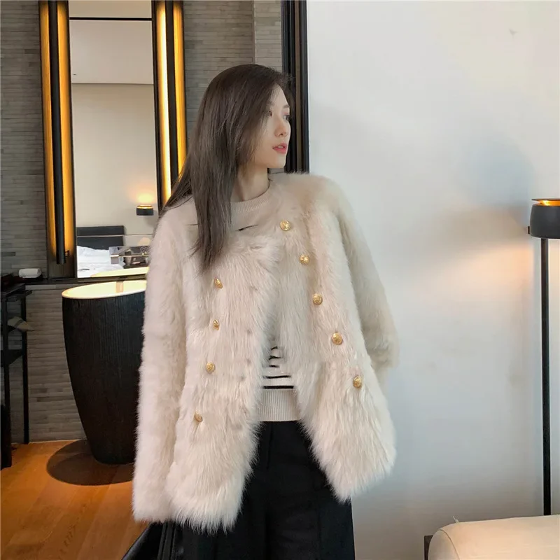 Miss Beast's Same Vintage Light Luxury Tuscan Fur All-in-one Coat Women's Double-breasted Lamb Wool Coat
