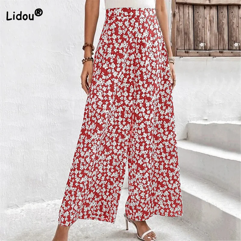 Spring Summer Fashion Elastic High Waisted Trousers Womens Small Fragmented Floral Print Loose Casual Waist Micro Horn Pants high quality stretch high waisted jeans slim irregular burrs micro horn jeans ripped jeans for women denim jeans skinny jeans