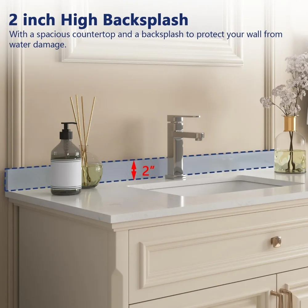 36 Inch Bathroom Vanity Top with Undermounted Rectangular Ceramic Sink & Backsplash,  Single Pre-drilled Hole 3