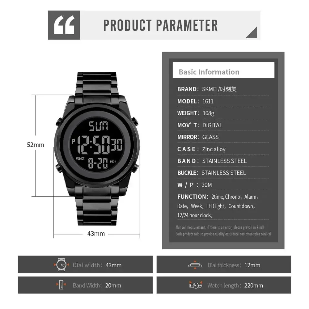 SKMEI 1611 Chrono Count Down Alarm Hour For Mens reloj hombre Digital 2 Time Mens Watches Fashion LED Men Digital Wristwatch 5