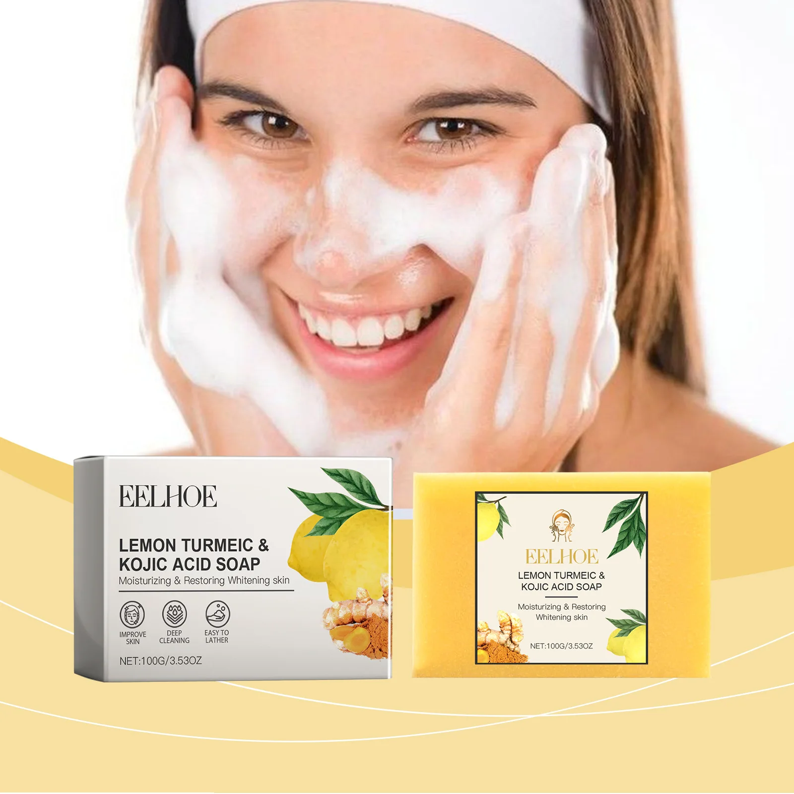 Lemon Turmeric Kojic Acid Brightening Soap Cleansing Face Rejuvenation Exfoliating Even Skin Tone Hyaluronic Acid Handmade Soap 3