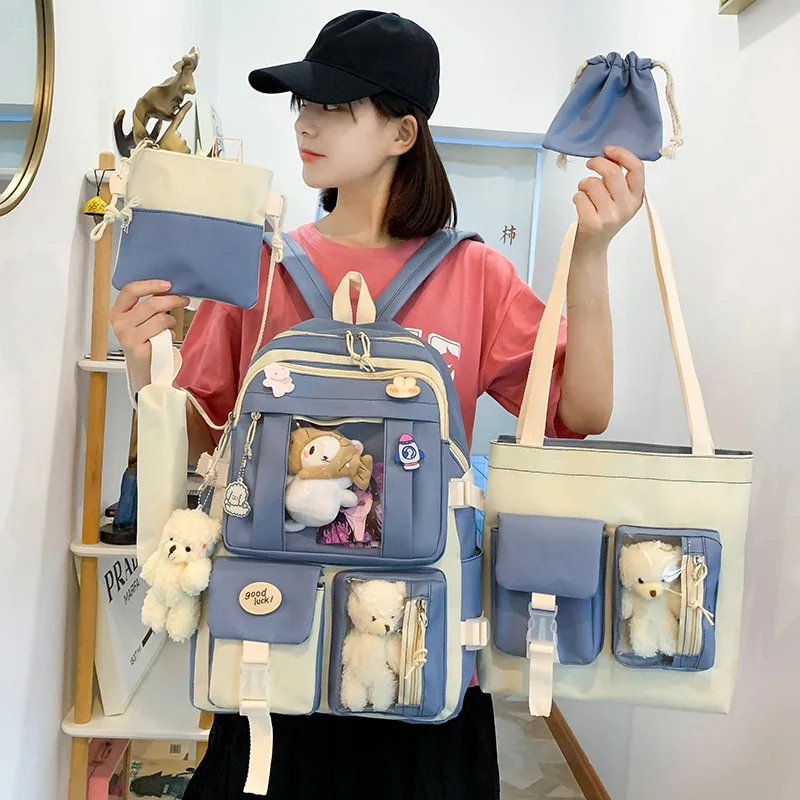 

5pcs set Multiple Pockets School Backpack Japanese High School Bags For Students Teens Girls Cute Kawaii Women Backpack Mochilas