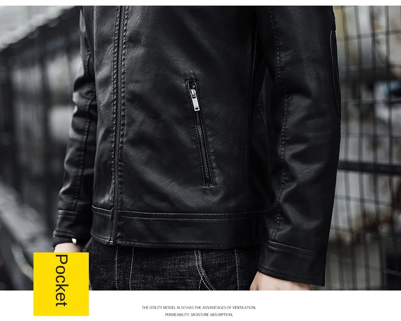 Neues Oberteil, Lederjacke, Herren-PU-Lederjacke, koreanische Herbst- und Winterversion, trendiger Motorradanzug mit Stehkragen, Arbeit – Detail 3