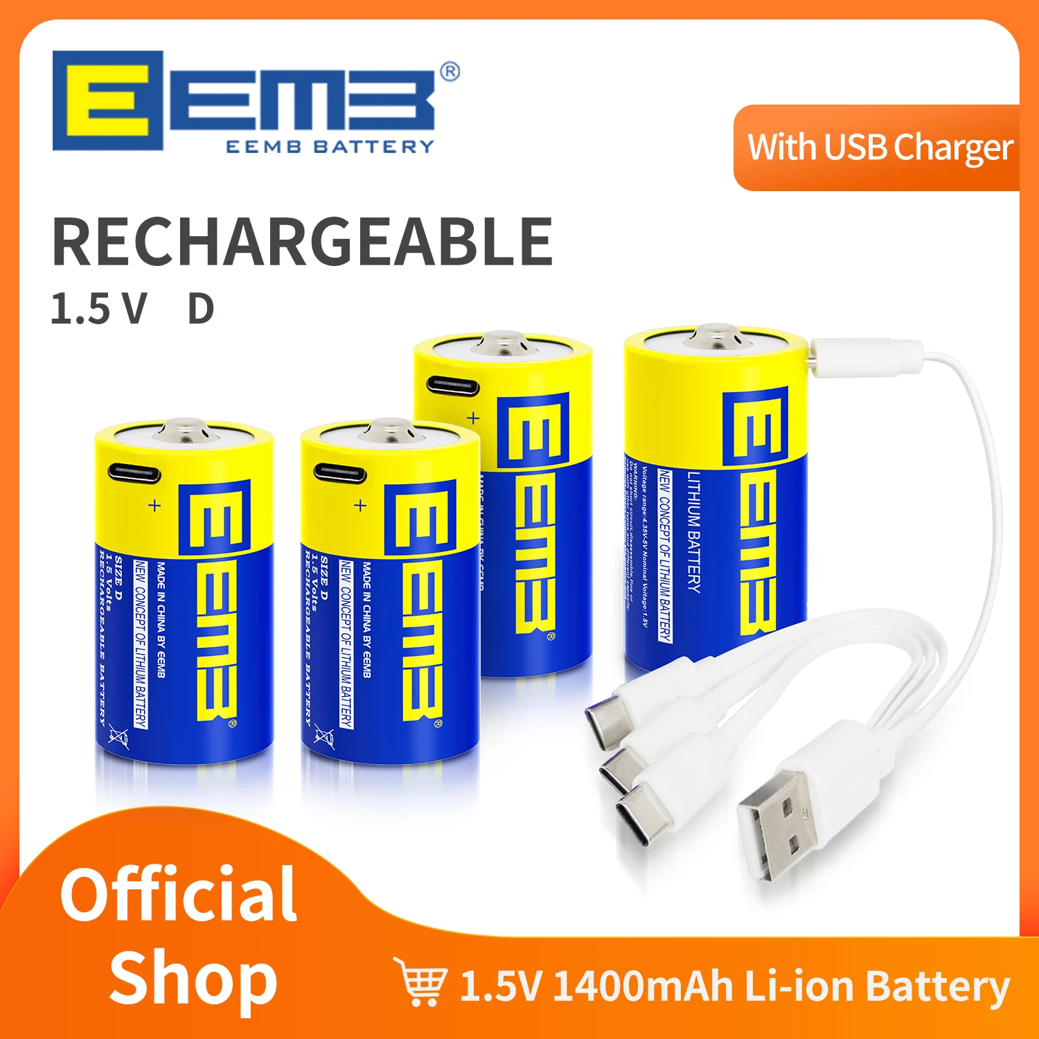 EEMB 1.5V D Lithium Batteries 5550mWh Rechargeable D Batteries USB Type