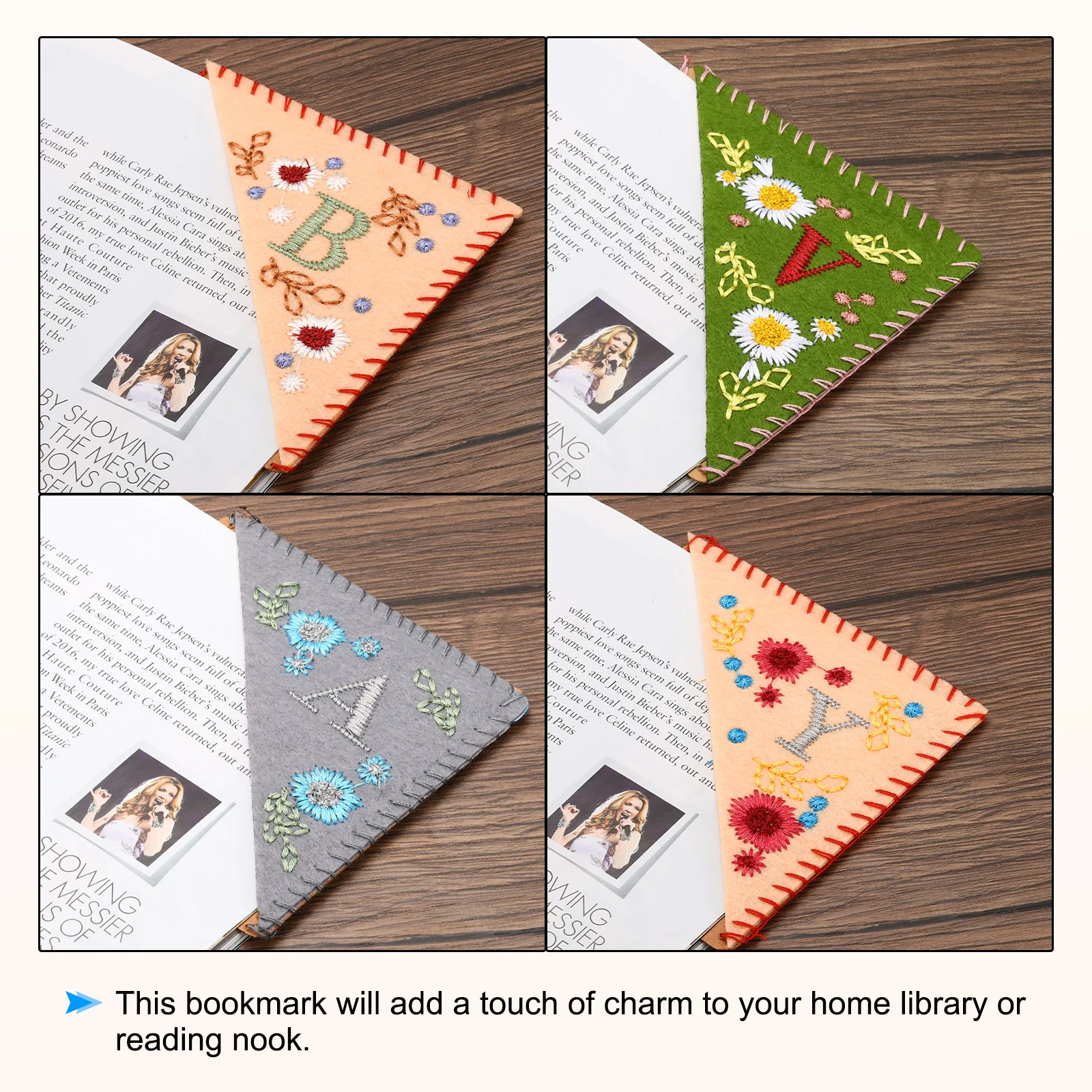Personalized Embroidered Corner Bookmark Cute Flower Felt Stitched Triangle Book Mark Page Marker for Book Lovers Teachers Grey